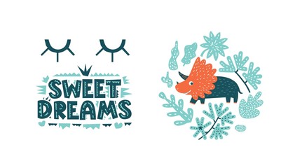 Dinosaurs cute vector illustration in flat cartoon style