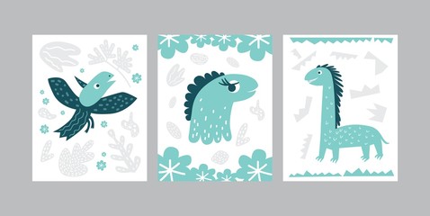 Cards or posters set with dinosaur illustration in cartoon style