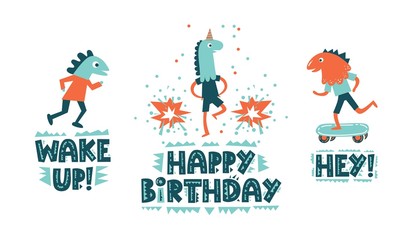 Handwritten modern lettering Happy Birthday with a boys in a dinosaur mask illustration on white background in cartoon style