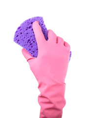 Hand of female janitor with sponge on white background