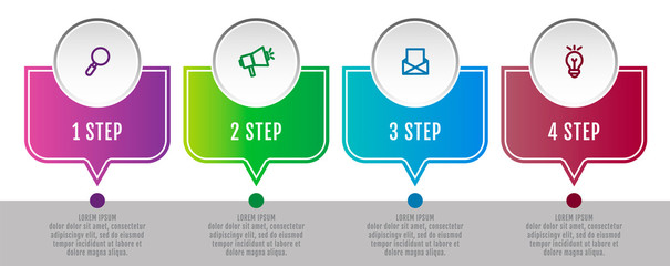 Modern 3D vector illustration data visualization. Infographic template with four elements, options and circles. Designed for business, presentations, web design, interface 4 step diagrams