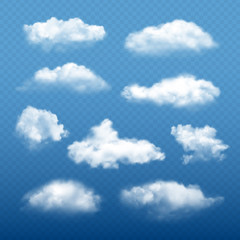 Cloudy sky realistic. Beautiful white clouds condensation collection vector weather elements. Illustration of cloudy meteorology, cumulus cloudscape - obrazy, fototapety, plakaty