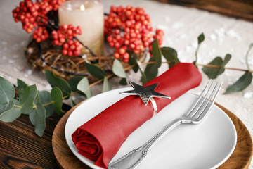 Festive table setting for Christmas dinner