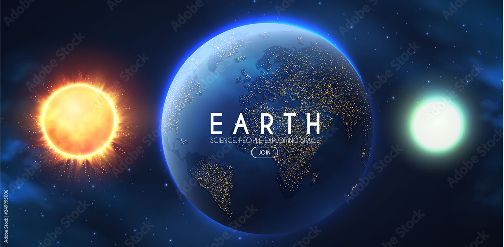 Wall mural earth, moon and sun in univerce. realistic planets and space background.