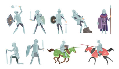 Knight. Chivalry prince medieval fighters brutal warriors on horse battle vector cartoon illustrations. Templar and equestrian, royal mediaeval horseman