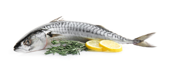 Tasty raw mackerel fish on white background