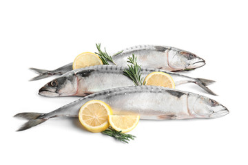 Tasty raw mackerel fish with rosemary and lemon on white background