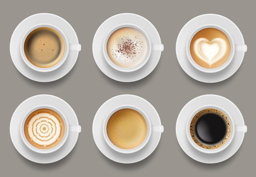 Coffee mug top view. Cappuccino espresso latte milk brown coffee vector realistic template. Cappuccino and latte, espresso coffee illustration