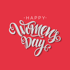 Happy Women's Day vector script lettering on red background. Hand written design element for card, poster, banner. Modern calligraphy for 8 March day. Isolated typography print. Hand drawn clipart.