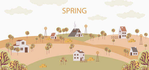 Spring background. Poster with spring landscape and houses in the Scandinavian style. Editable vector illustration