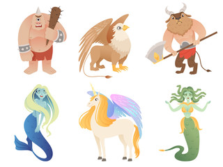 Obraz premium Mythical creatures. Flying lion cyclop minotaur pegasus griffin centaur vector cartoon characters. Griffin and pegasus, monster of centaur illustration