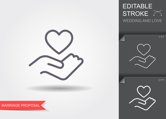 Hand holding heart symbol. Line icon with shadow and editable stroke