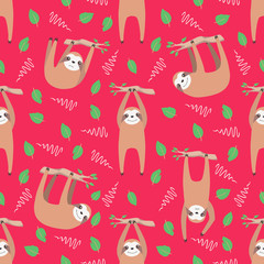 Seamless pattern with cute hanging cartoon sloths on bright pink background
