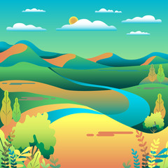 Fototapeta na wymiar Hills and mountains landscape in flat style design. Valley background. Beautiful green fields, meadow, and blue sky. Rural location in the hill, forest, trees, cartoon vector illustration