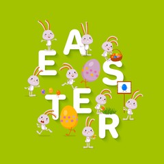 Easter design with the big word EASTER, funny tiny rabbit and colored eggs on green background, flat festive background suitable for web and print, vector illustration