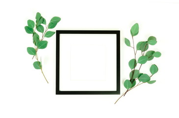 photo frame mock up and eucalyptus branches on white background. Flat lay, top view, , copy space 