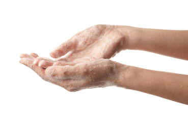 Woman washing hands on white background