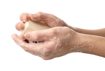Man washing hands on white background