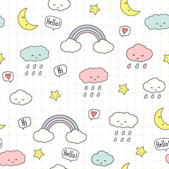 Cute adorable kawaii little cloud star and moon sky pastel color cartoon doodle seamless pattern background wallpaper