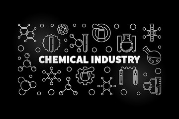 Chemical Industry vector silver concept horizontal banner in thin line style on dark background