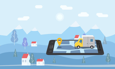 Delivery Van Express concept. Checking delivery service app on mobile phone online tracking. Fast Delivery truck on smartphone and city background. Vector illustration, isolated, baner, template