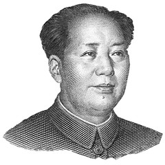 Portrait of Mao Zedong isolated on white background . Macro on Chinese banknote.. Black and white image   - obrazy, fototapety, plakaty