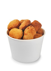 Tasty nuggets in paper bowl on white background