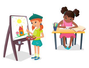 Girl is painting a drawing on the easel with paint palette and brush in her hand. The other girl is writing numbers on the paper. Learning and creativity children. Kids school concept. Vector picture