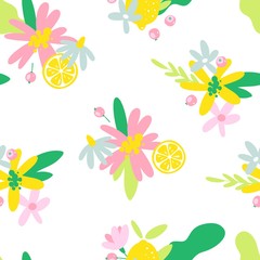 Summer fruit seamless pattern in hand drawn style. Vector fabric design with lemons and flowers.