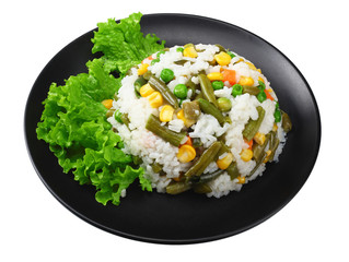 black plate with white rice, green peas, canned corn kernels, cut green beans isolated on white background