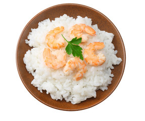 White rice with shrimps in brown bowl isolated on white background. top view