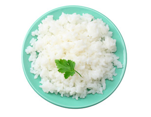 White rice in blue bowl isolated on white background. top view