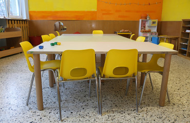 classroom of a school with small yellow chairs without children