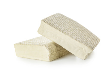 Tasty tofu cheese on white background