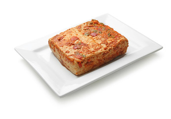 Plate with tasty tofu cheese on white background