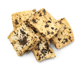 Tasty tofu cheese on white background