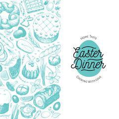 Easter dinner banner template. Vector hand drawn illustrations. Happy Easter dinner retro design. Background with food, meat, vegetables, pastry, bakery.
