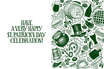 St. Patricks day design template. Vector hand drawn illustrations. Irish vintage background. Can be use for menu cover or packaging.