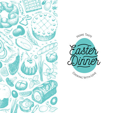 Easter dinner banner template. Vector hand drawn illustrations. Happy Easter dinner retro design. Background with food, meat, vegetables, pastry, bakery.