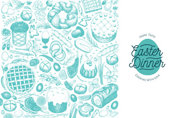 Easter dinner banner template. Vector hand drawn illustrations. Happy Easter dinner retro design. Background with food, meat, vegetables, pastry, bakery.