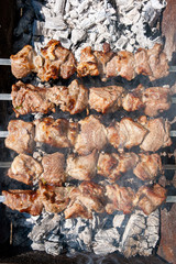 Traditional eastern dish, shish kebab. Roasted meat cooked at barbecue with smoke. .