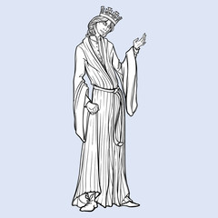Medieval king with a characteristic gothic slouching posture. Medieval gothic style concept art. Design element. Black a nd white drawing isolated on grey background. EPS10 vector illustration