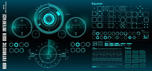 HUD futuristic green user interface, target. Dashboard display virtual reality technology screen