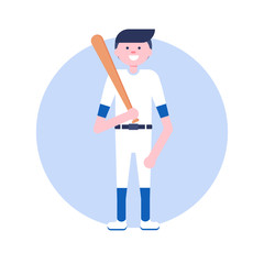 Vector Illustration. Baseball cartoon character in flat style. Baseball player with willow icon.