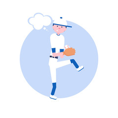 Vector Illustration. Baseball cartoon character in flat style. Baseball player with glove and ball in hat. Team game. Pitcher icon