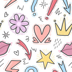 Hand-drawn doodle seamless pattern with hearts, stars, signs and lips. Funny girlish print for girls clothes, t-shirts, linen, textile and notebooks. Vector eps 10