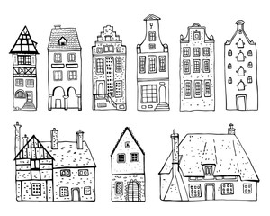 Fototapeta premium Vintage stone Europe houses. Set of old style building facades. Hand drawn outline vector sketch illustration
