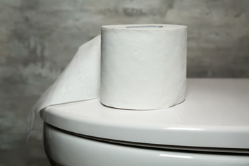 Roll of paper on toilet bowl cover in restroom