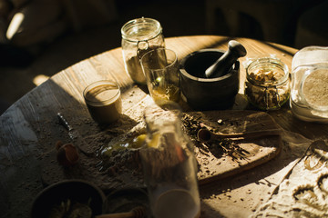 Preparation of the dough on a wooden background