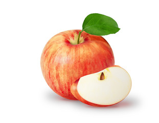 Red apple with a slice on a white background for design.